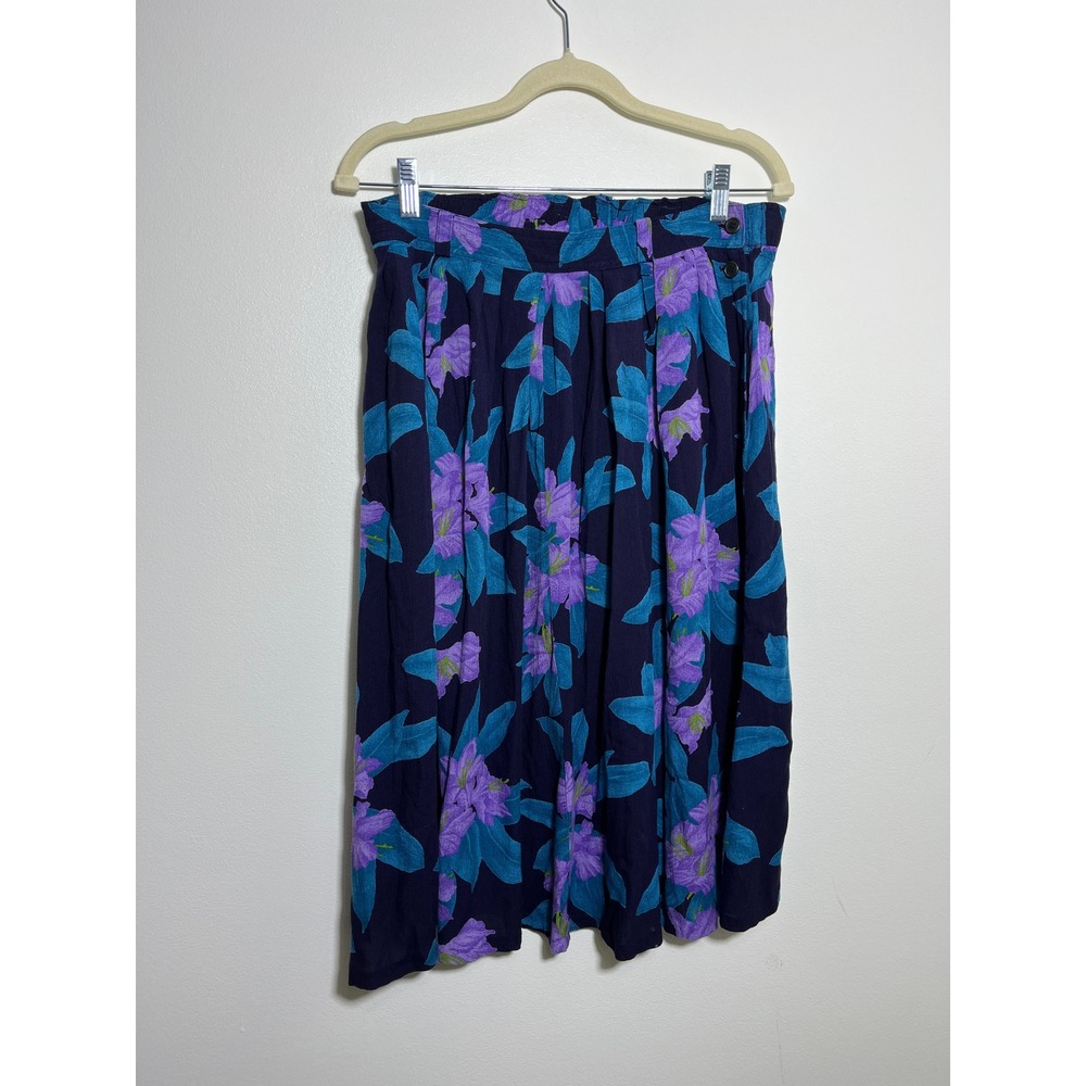 Evan Picone Sport Vintage Floral Midi Skirt‎ Navy Purple Turquoise Rayon Sz 12